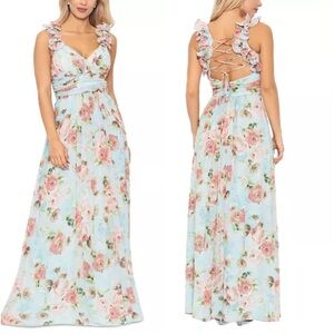 Betsy & Adam Light Blue Floral Ruffle-Shoulder Maxi Dress